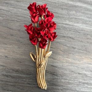 Vintage Signed DM 97 Red Dozen Roses Brooch